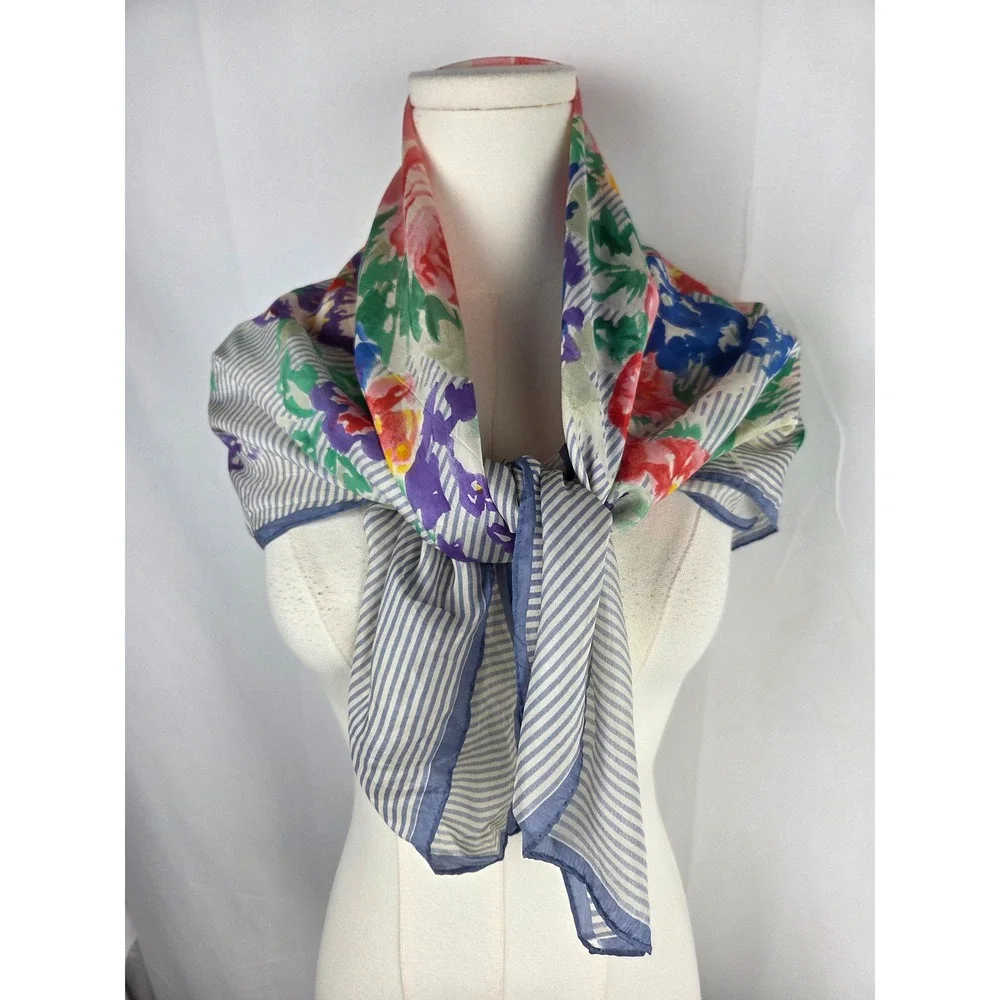 VTG 1980's Ralph Lauren Silk Scarf 34x34 Blue White Striped Floral Cottagecore